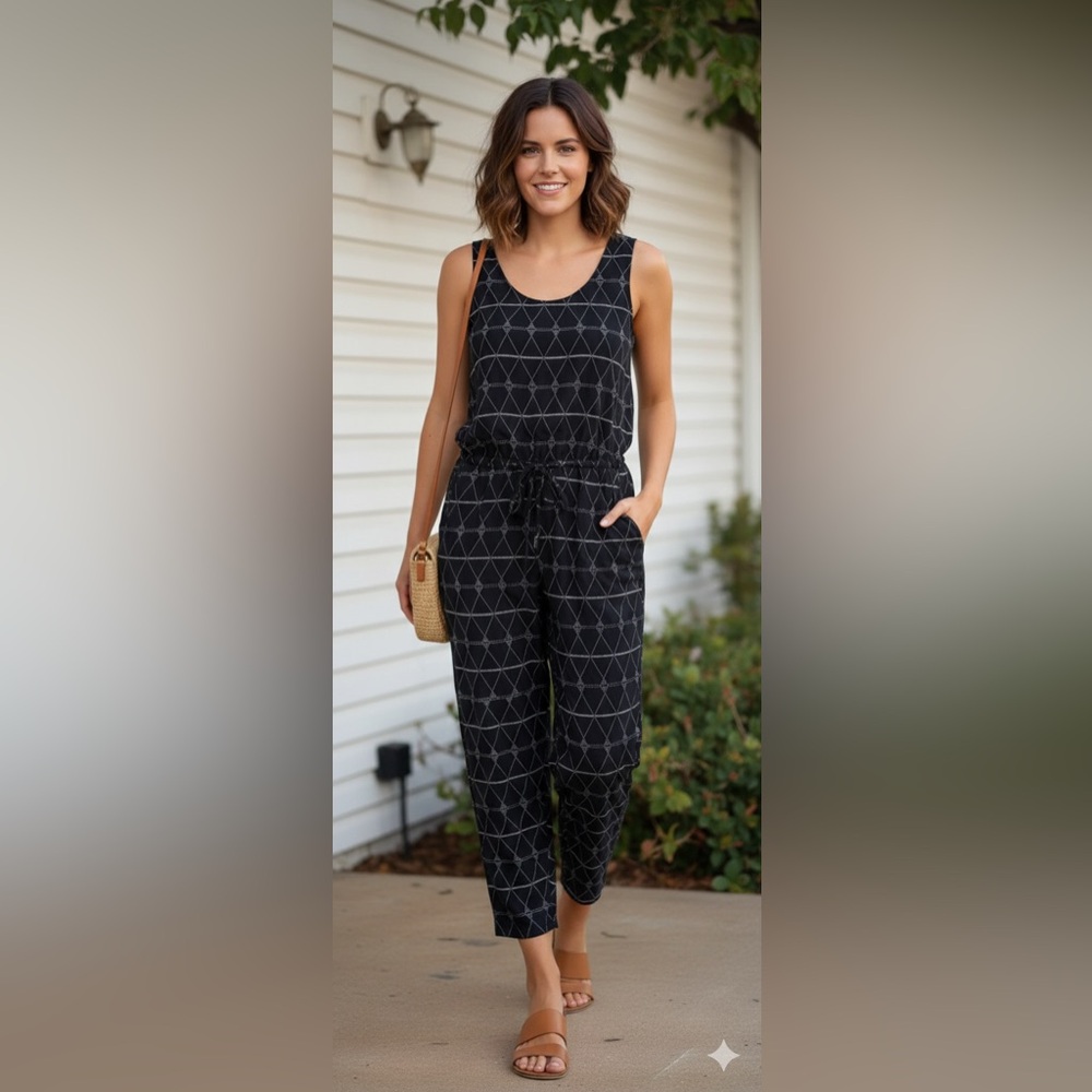 Madewell Black White Geometric Print Viscose Jumpsuit Size Small